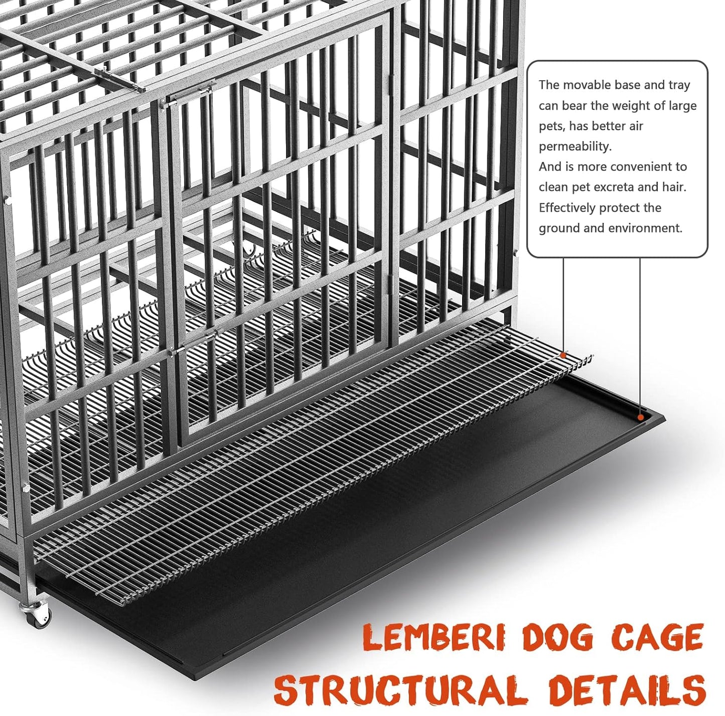 LEMBERI 48/38 inch Heavy Duty Indestructible Dog Crate, Escape Proof Dog Cage Kennel with Lockable Wheels,High Anxiety Double Door Dog Crate,Extra Large Crate Indoor for Large Dog with Removable Tray