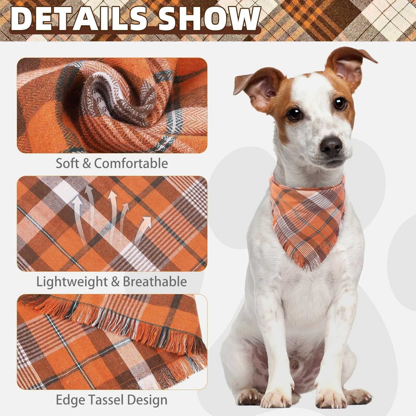 KOOLTAIL Thanksgiving Fall Dog Bandanas 4 Pack - Soft Breathable Washable Plaid Pet Scarf Bibs Kerchief, Dog Autumn Costume, Holiday Triangle Towel for Girl Boy Small Medium Large Dogs Cats, Orange XL