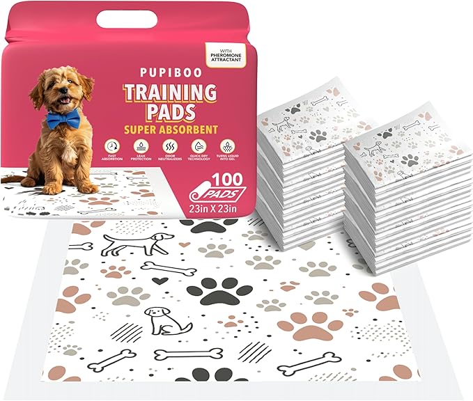Pupiboo Disposable Dog and Cat Training Pads Highly Absorbent Pee Pads, Leak Proof Backing, for Housebreaking & Potty Training – 23x23 in (100 Count)