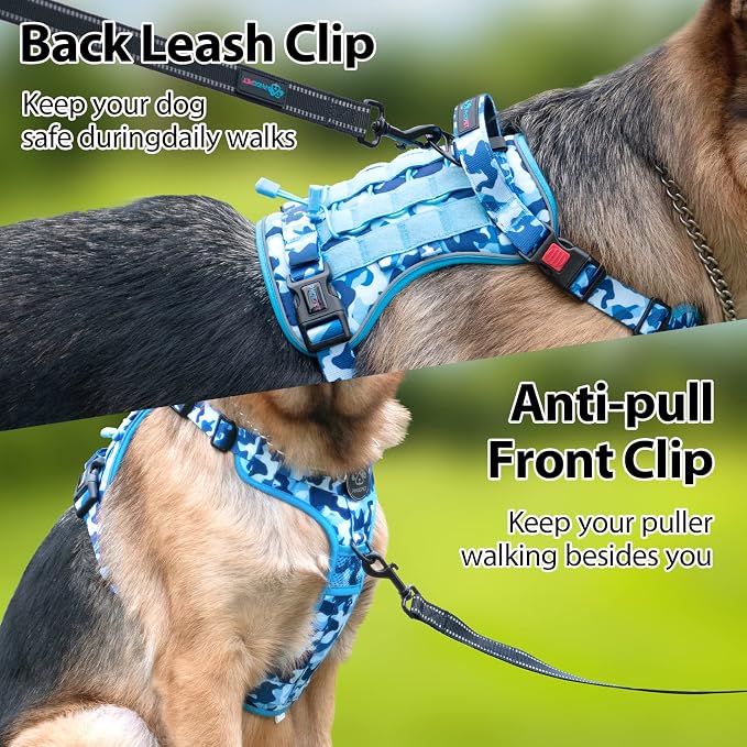 No Pull Tactical Dog Harness,Service Dog Vest Molle & Loop Panels | Ocean Blue L, Metal Front & Back D-ring, Reflective, Easy Control with Padded Handle for Small Medium Large Dogs