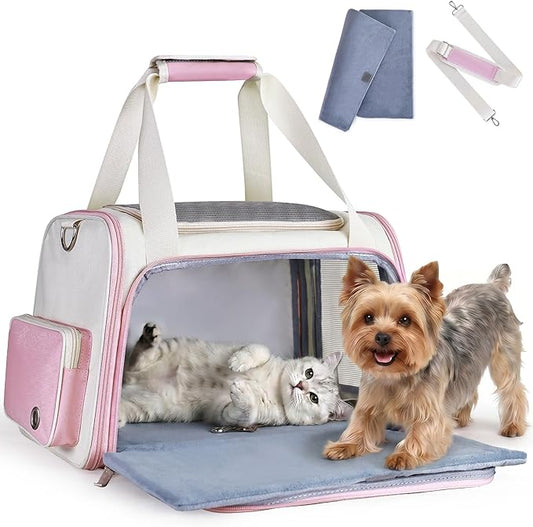 Homespon Soft-Sided Cat Carrier Dog Carrier, 34.5L Airline Approved Pet Carrier, Collapsible Travel Bag with Removable Bed for Small Dogs & Cats (Pink)