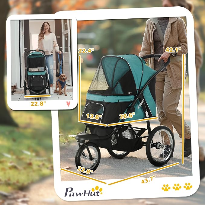PawHut 3 Wheels Pet Stroller, Foldable Dog Stroller with Adjustable Canopy, Safety Tether, Cushion, Storage Basket, Portable Jogger for Small and Medium Dogs and Cats, Dark Green