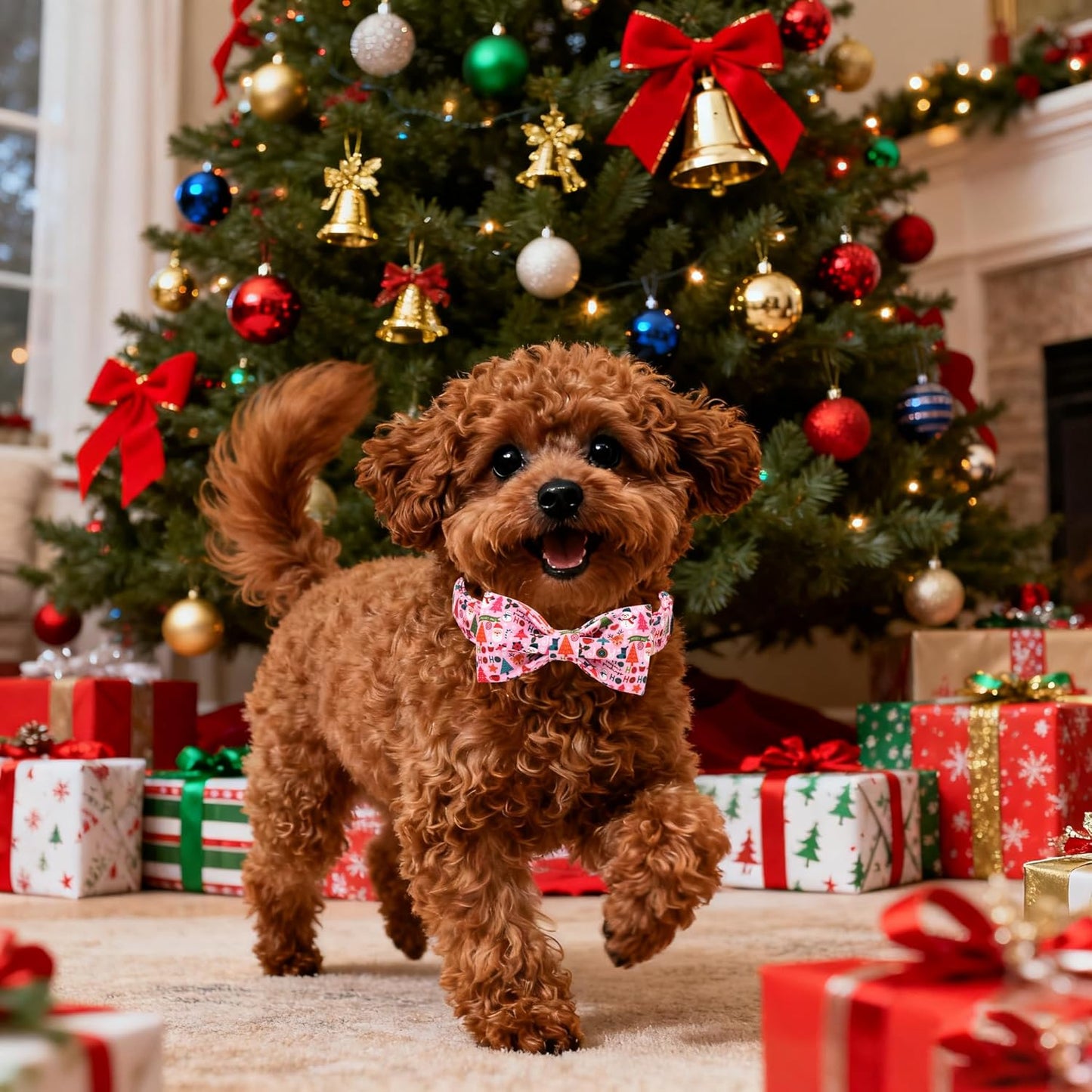 Lionet Paws Christmas Dog Collar with Bow tie,Cute Ho Christmas Tree Snowman Pink Dog Collar Bow Tie for Large Dogs Female, Neck 16-24 inches