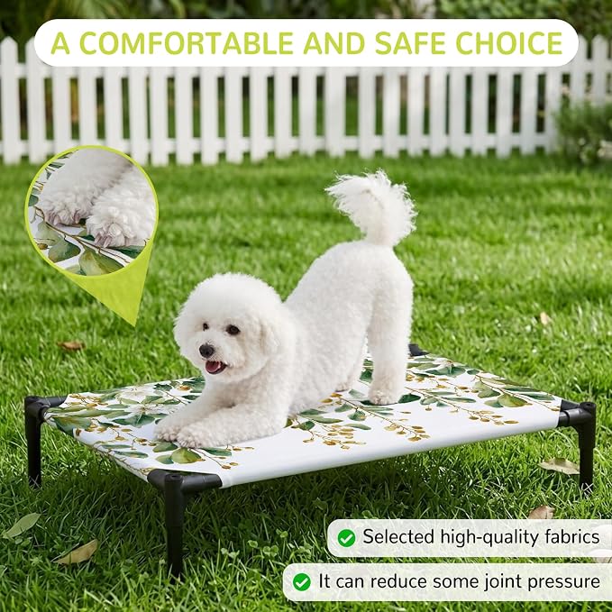 Outdoor Elevated Dog Bed for Large Dogs, Floral Vine Breathable Cooling Raised Dog Cot for Indoor/Outdoor, White Hanging Buds Botanical Flowers Farmhouse Waterproof Elevated Pet Beds, L 28 x 22 in