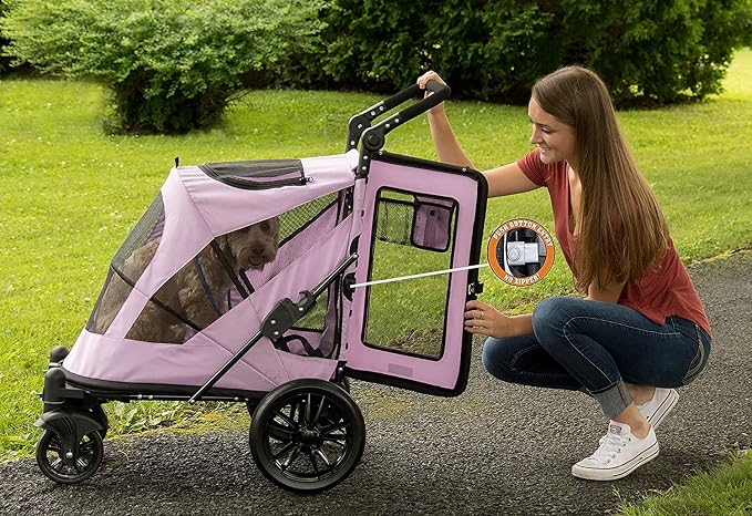 Pet Gear NO-Zip Pet Stroller with Dual Entry, Push Button Zipperless Entry for Single or Multiple Dogs/Cats, Pet Can Easily Walk in/Out, Gel-Filled Tires, Mountain Lilac, Excursion