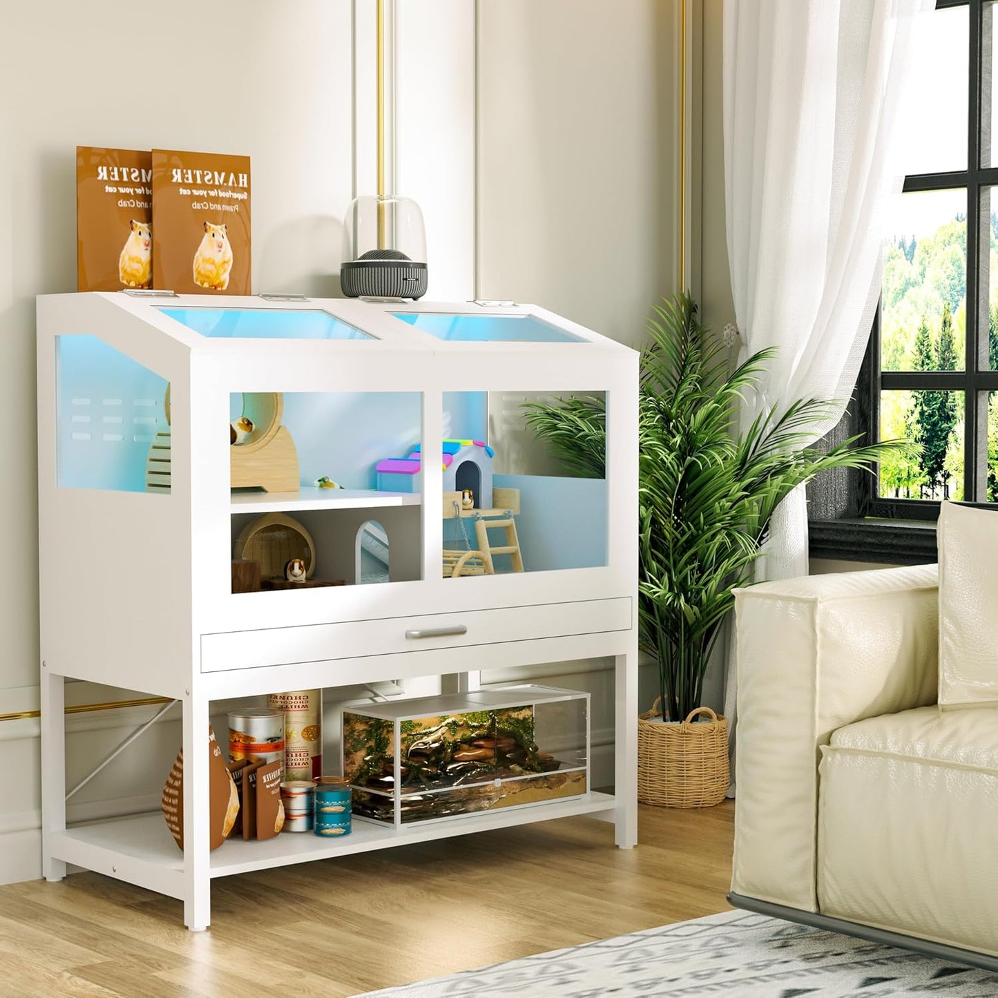 Hamster Cage with Storage Cabinet, Guinea Pig Cage for Small Animals, Large Hamster Cage and Habitat with Easy View Acrylic Panels and Pull Out Drawer for Hamster, Rabbit, Hedgehog, Easy to Clean