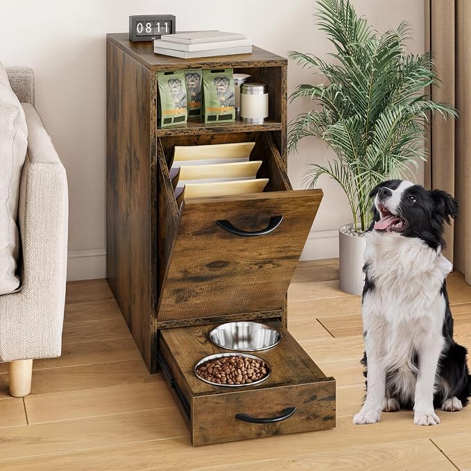 DWVO Dog Feeding Station with Storage & 2 Feeder Bowls | Dog Food Cabinet, Pull Out Elevated Dogs Bowl, Rustic Brown