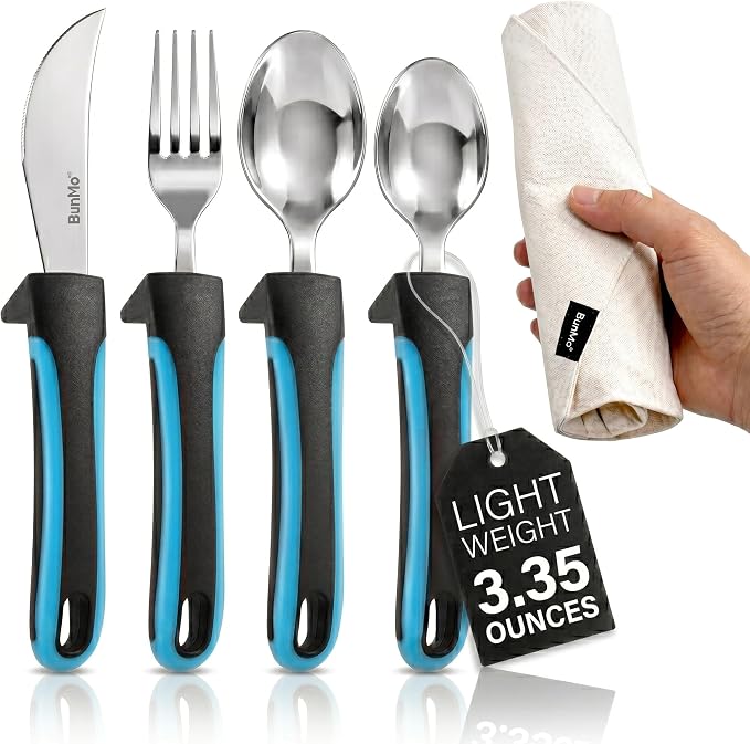 BUNMO Weighted Utensils for Hand Tremors - Elderly, Weak Hand Grip & Handicapped - Stainless Steel - Eat Independently