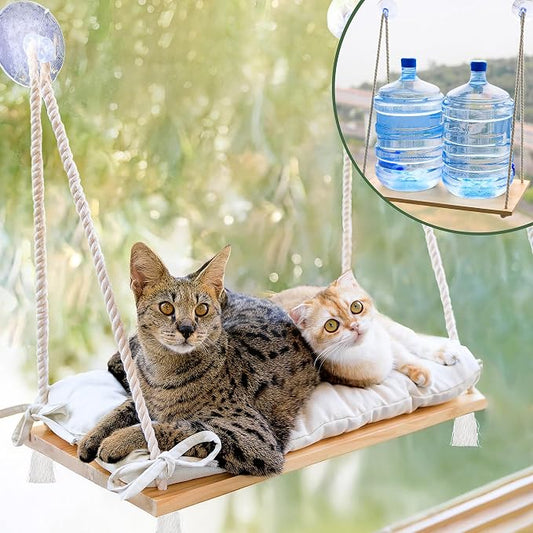 Large Cat Window Perch with Industrial-Grade Suction Cups – Solid Pine Wood Hammock Bed, Soft Cushion - 42 lb Capacity for Heavy Cats Inside