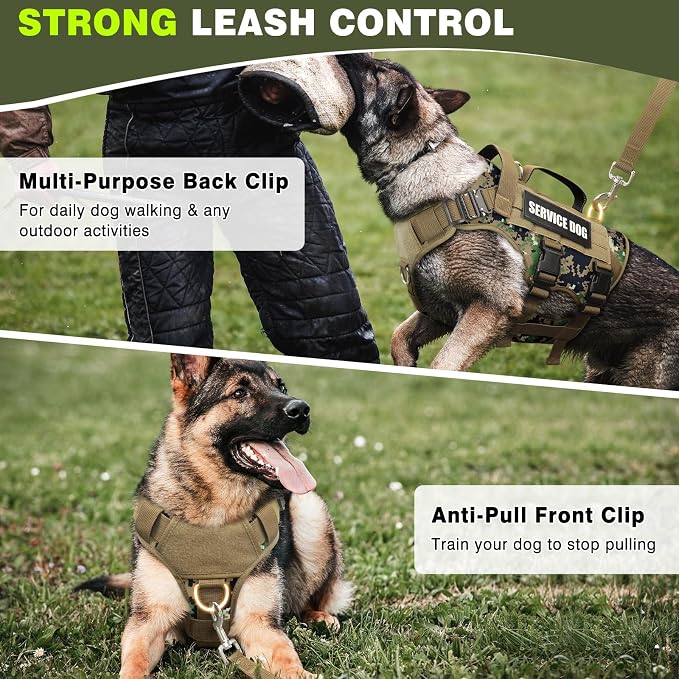 Tactical Dog Harness with Dog Leash, Service Working MOLLE Vest with 10 Pet Patches for Dog, No Pull Military Harness and Backpack for Training Hunting Walking