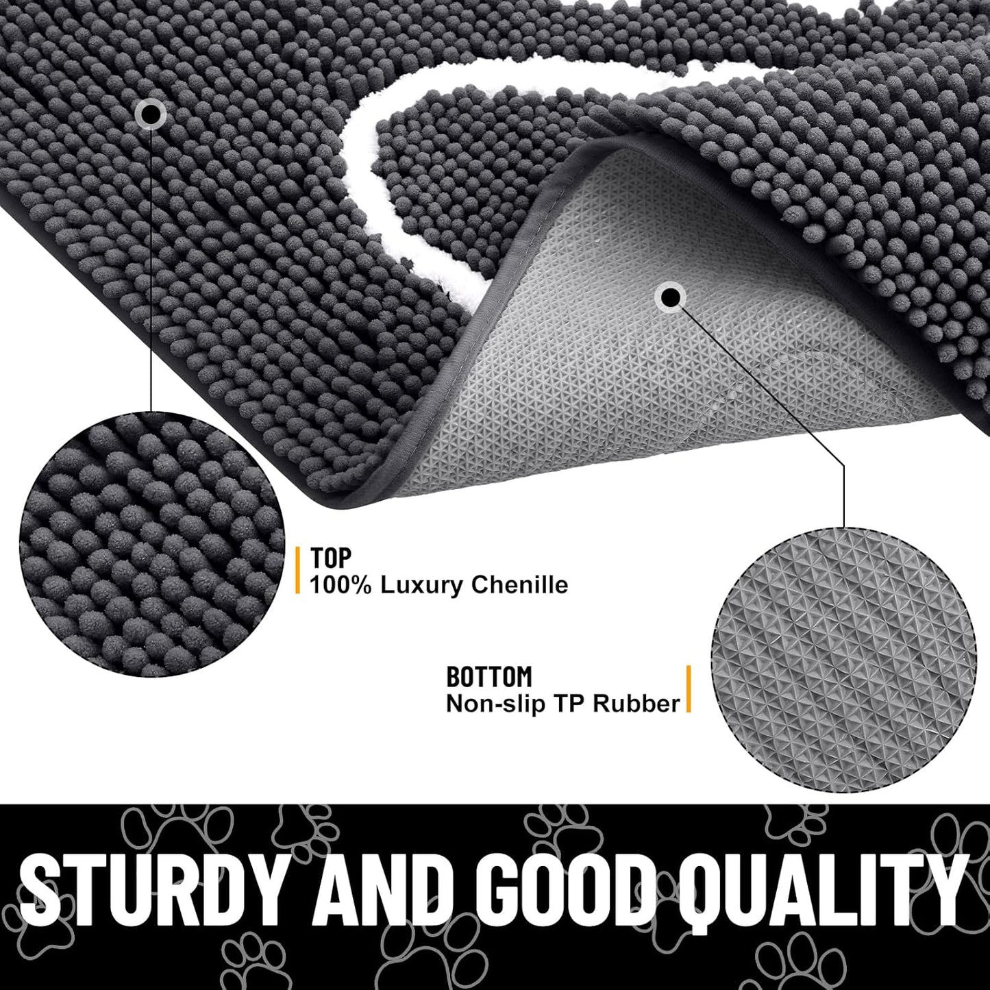 Smiry Dog Door Mat for Muddy Paws, Absorbent Dirt Trapper Non Slip Quick Dry Washable Chenille Mat for Mud Dogs, Entry Rug for Indoor and Outdoor (59x24 Inches, Dark Grey and White)