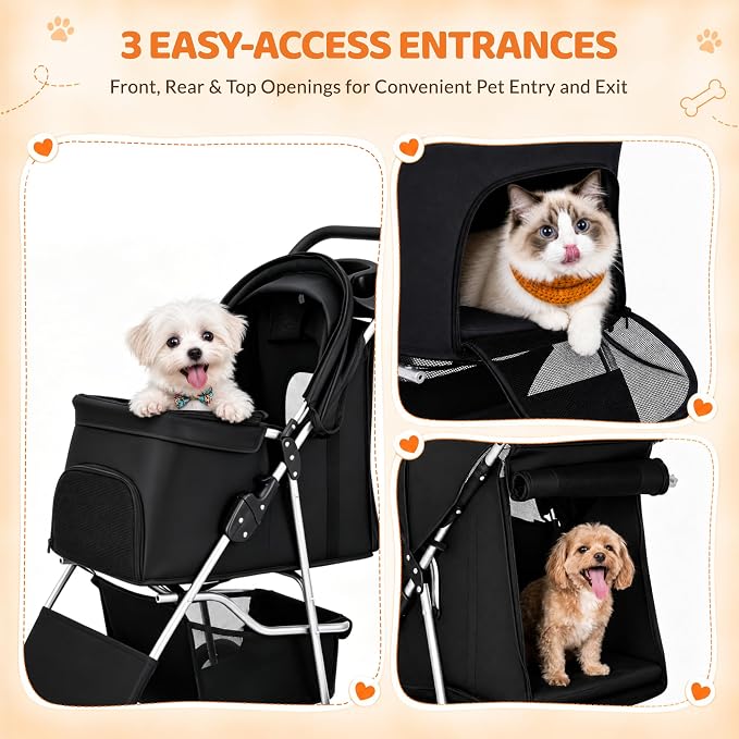 ZENY Foldable Pet Stroller, Cat/Dog Stroller with 4 Wheel, Pet Travel Carrier Strolling Cart with Storage Basket, Cup Holder (Black)