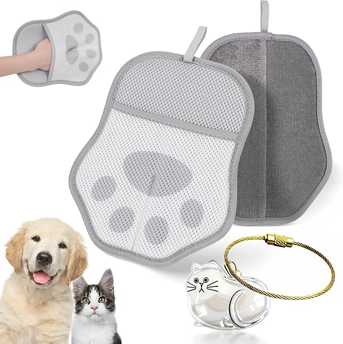 Xontri 2025 Upgrade Electrostatic Pet Hair Removal Glove, A Reusable Pet Hair Remover Tool for Cats & Dogs, Clothing, Couches, Carpets, and Car Seats(Gray Glove, Cat Keychain)