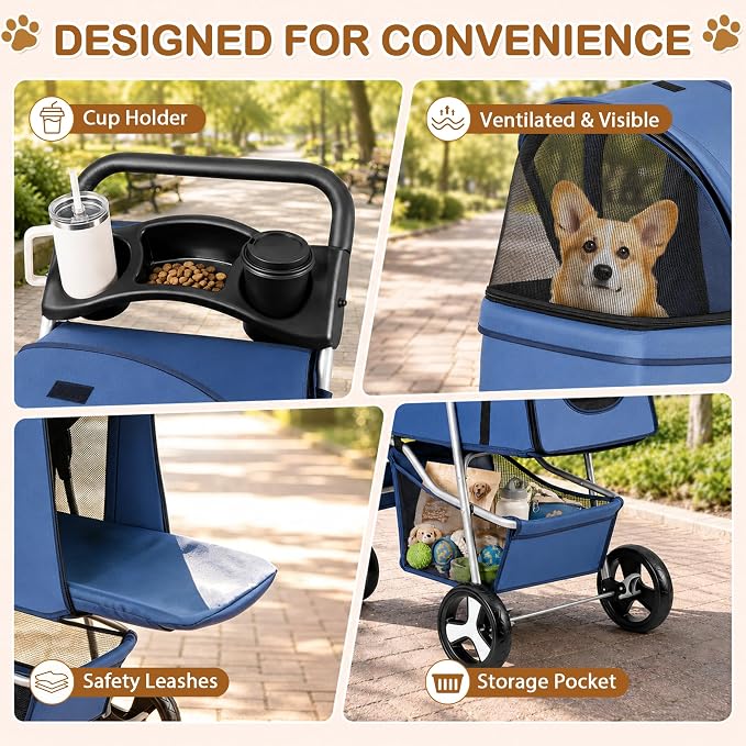 Pet Stroller 4 Wheels Dog Cat Stroller for Small Medium Dog Cats Carrier Jogger Travel Foldable Puppy with Storage Basket and Cup Holder (Navy Blue)