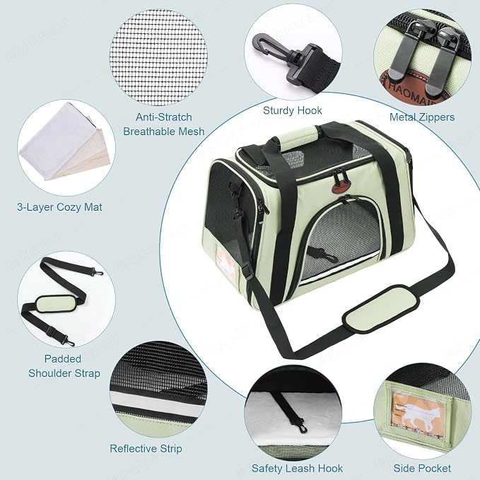 Cat Carrier Dog Carrier Pet Carriers for Medium Small Cats Dogs Puppies up to 15 Lbs,TSA Airline Approved Small Dog Cat Carriers Soft Sided,Collapsible Travel Puppy Carrier (Green, Large)