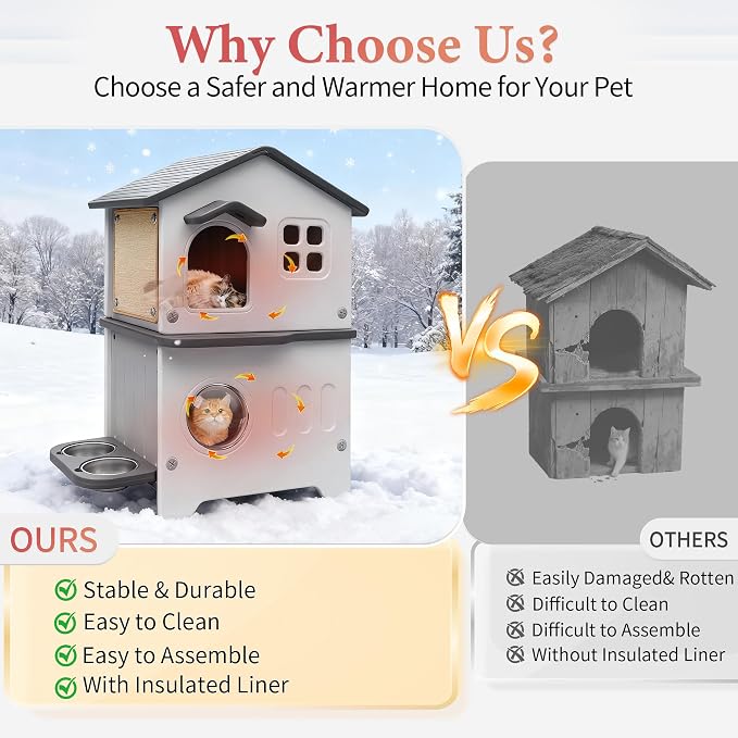 Insulated Cat House Outdoor Plastic Cats Shelter Outside with Cat Bowls | Weatherproof, Durable Plastic, with Elevated Cat Bowls, Cat Scratch Pad , Escape Door, 2-Story, Waterproof ,for Multiple Cats