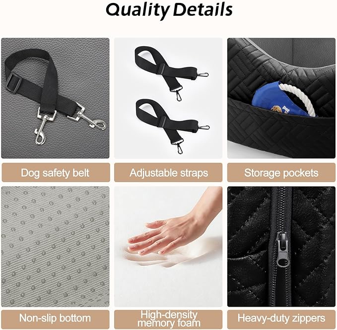 JOEJOY Dog Car Seats for Small Medium Dogs, Wipe Clean Waterproof Detachable PU Leather Cover, Thickened 2 inch Memory Foam Pet Car Seat with Safety Belt and Storage Pockets(No Cushion)
