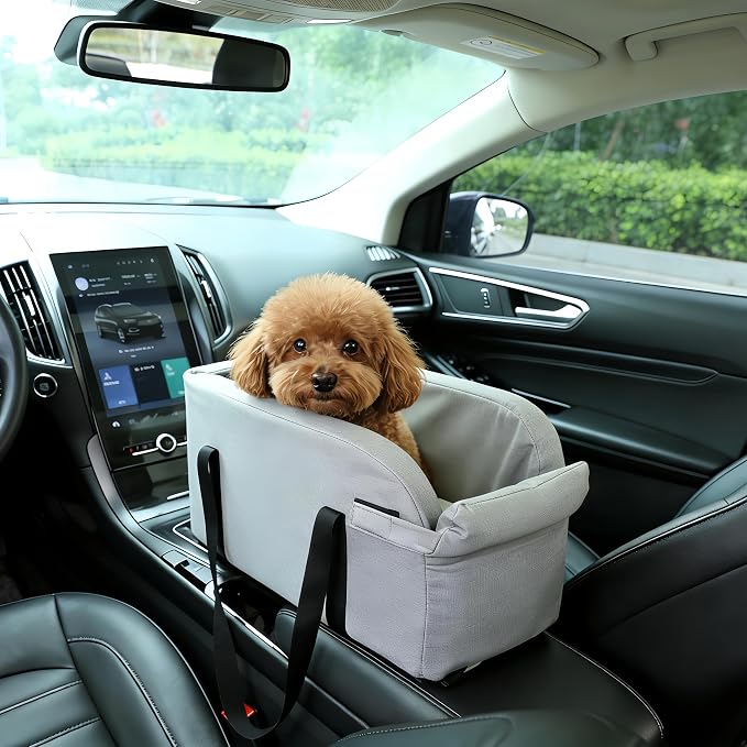 Center Console Dog Car Seat, Waterproof Small Puppy Carrier | Waterproof Faux Leather, for Dogs Under 9 lbs, 2-in-1 Console Dog Car Seat & Carrier, Sturdy Cushioned, Anti-Collapse Walls