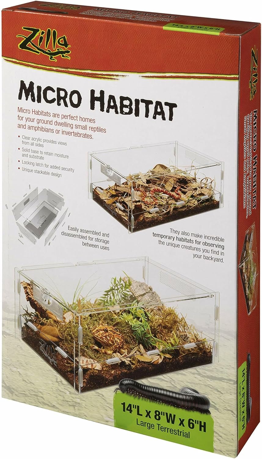 Zilla Micro Habitat Terrarium, Terrestrial, with Locking Latch, for Isopods, Spiders, Insects, Large
