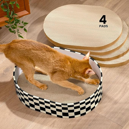 Conlun Cat Scratcher Box with 4 Cat Scratching Board Reversible Scratch Pad, Heavy Duty Corrugated Cardboard Pet Bed Lounger Kitty Scratchers for Indoor, Protects Furniture,Kittens Gifts-Large