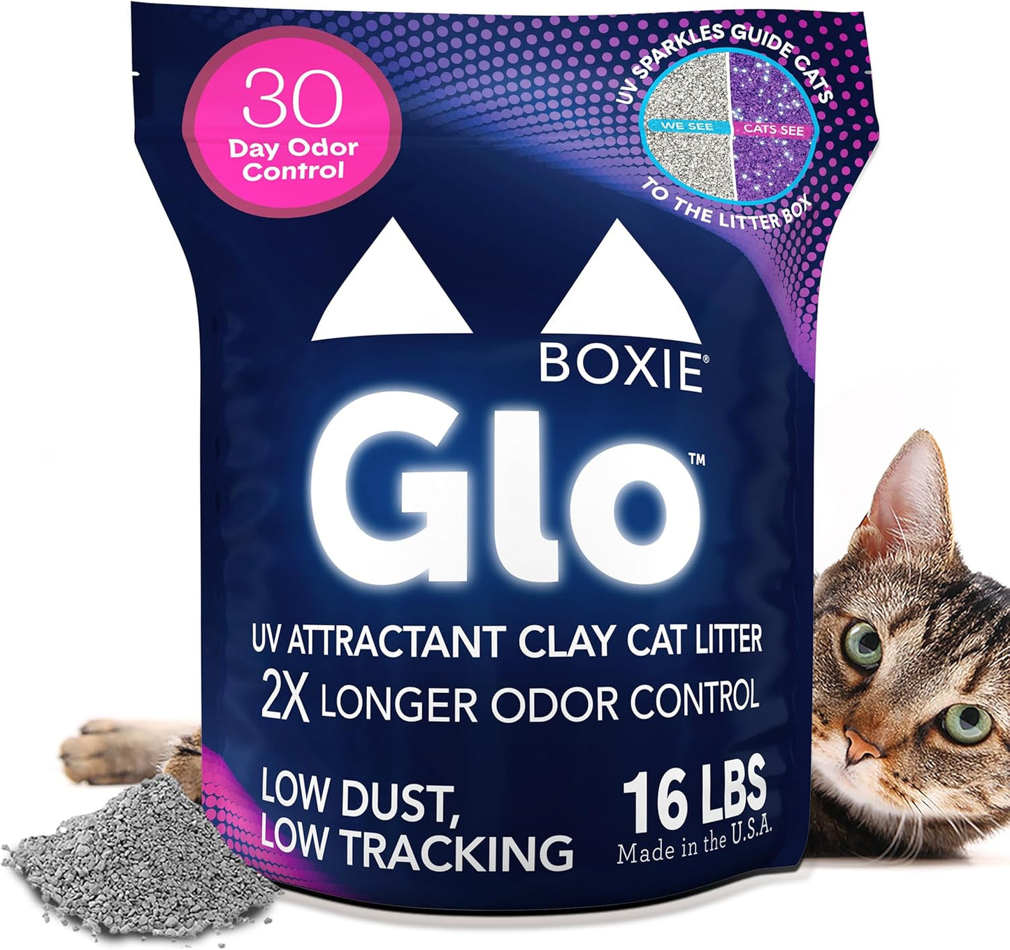 Boxie® Glo™ 30 Day Odor Control Clumping Clay Cat Litter, 16 lb, Multi-Cat, 99.9% Dust-Free, Low Tracking, UV Light Attractant, Superior Clumping for Easy Scooping