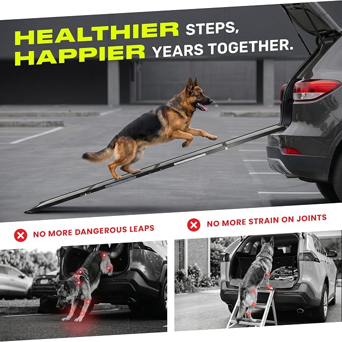 Dog Ramp for Car - 71" L x 17" W Portable Dog Ramp for Car | Foldable dog ramp for cars, trucks & SUVs, beds & sofas with anti-slip feet, traction carpet, 250 lb, for Corgis & Dachshunds