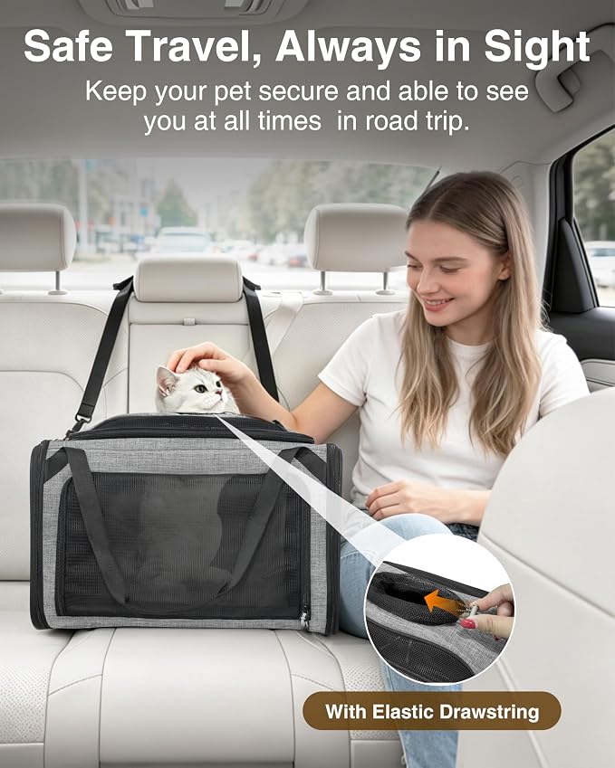 Expandable Cat Carrier Bag,Airline Approved Expandable Soft-Sided Pet Carrier(16"x 11"x 11") with Removable Pad,for Cats 12lbs,(Grey Black).
