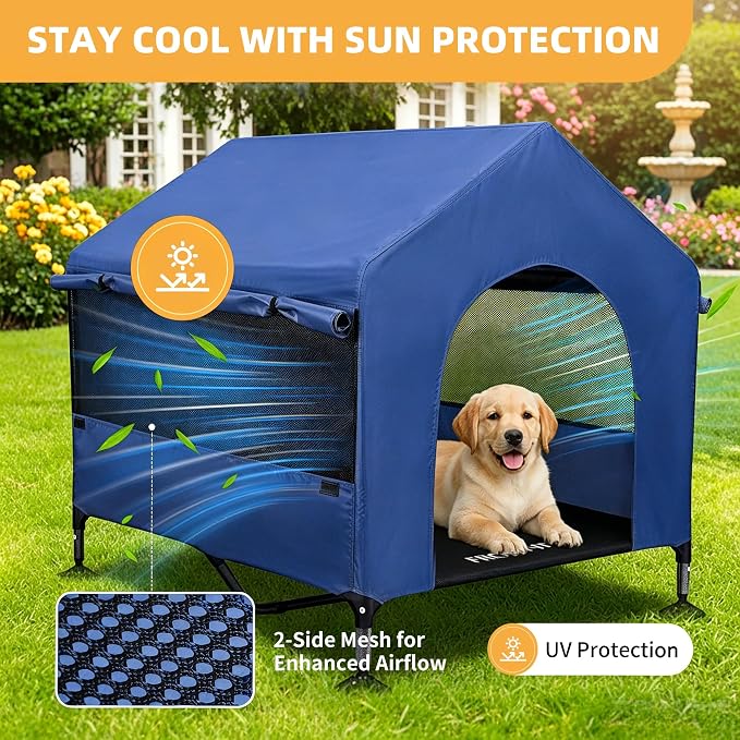 Dog House, 42” Large Dog Houses Outdoor Indoor Elevated Dog Cot Bed | 2-in-1 Outside Dog Tent Shade, Three-Sided Breathable Mesh Windows, Easy to Install, Waterproof Canopy, Non-Slip Feet