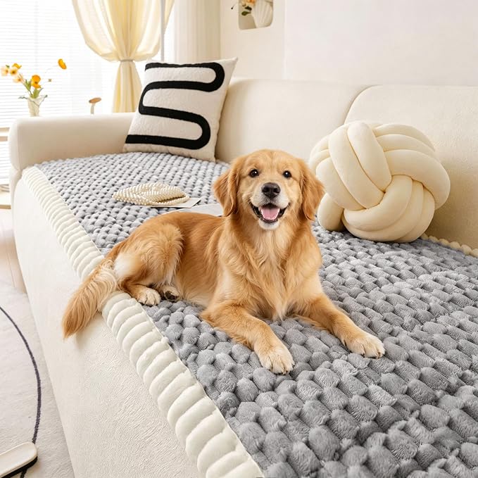 OTOB Couch Cover for Dogs Washable Non Slip Plush Sofa Covers for 3 Cushion Couch, All Seasons Fuzzy Kids Pet Friendly Sofa Slipcovers Furniture Protector Bed Mat (Light Gray, 27.6" x 70.9")