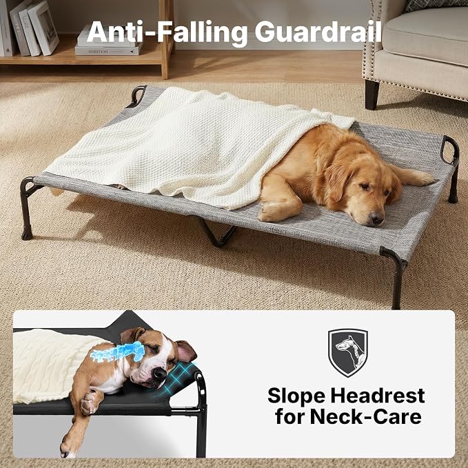 Veehoo Outdoor Dog Bed, 53" XXL Raised Dog Bed, Elevated Dog Bed with Headrest, Washable Cooling Dog Cot with Non-Skid Feet, Breathable Mesh, Portable Pet Hammock for Indoor or Camping, Black Silver