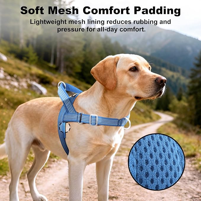 No Pull Dog Harness with Handle, Adjustable Soft Mesh Padded Vest | Reflective Walking Harness with Front Clip for Small Medium Large Dogs, Quick Fit No Escape for Training, Blue, L