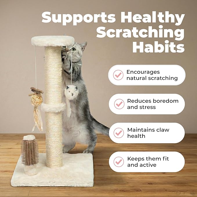 Best Pet Supplies Catify Cat Scratcher, Fun Interactive Scratchers, Posts, Poles, Claw Safe, Furniture Saver Indoor Play Support Natural Cat Behaviors Heavy Duty - Beige Scratching Post - H: 33"