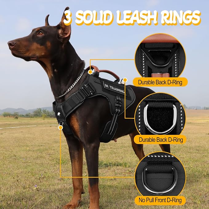 Tactical Dog Harness - HEYCAHVA Service Dog Vest Full Metal Buckles Dog Vest for Medium Large Dog Reflective No Pull Dog Harnesses Vest with Leather Handle, Hook & Loop for Hiking Training (Black, M)