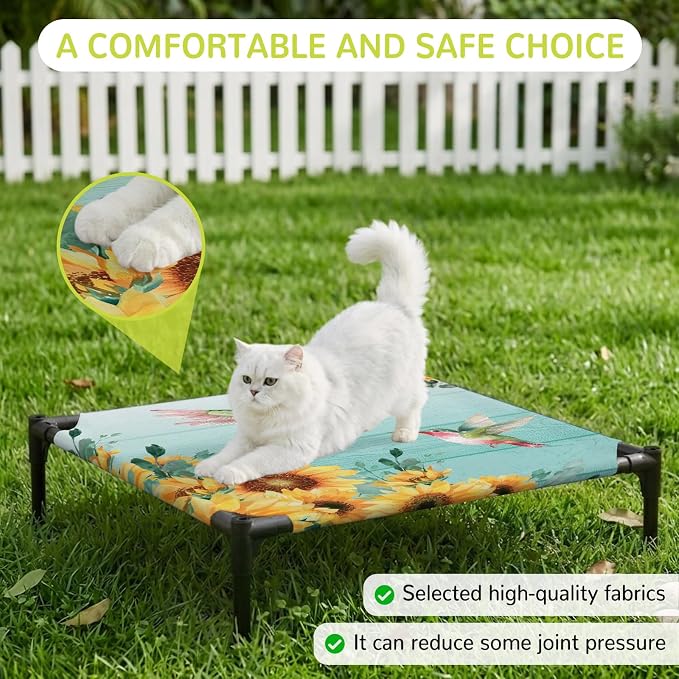 Outdoor Elevated Dog Bed for Small Dogs, Sunflowers Breathable Cooling Raised Dog Cot for Indoor/Outdoor, Spring Botanical Flowers Birds Turquoise Wooden Waterproof Elevated Pet Beds, S 20 x 20 in