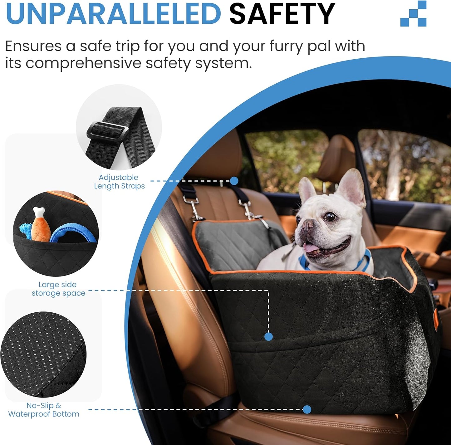 Dog Car Seat for Small Dogs - Puppy Car Seat with Safety Strap & Waterproof Padding, Portable Pet Carrier for Cars, Trucks & SUVs, Comfortable Elevated Bed for Pets Up to 35lbs (Black/Grey)