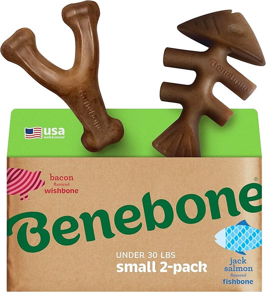 Benebone 2-pack Fishbone/Wishbone Durable Dog Chew Toys, Real Fish, Real Bacon, Made in USA, Small
