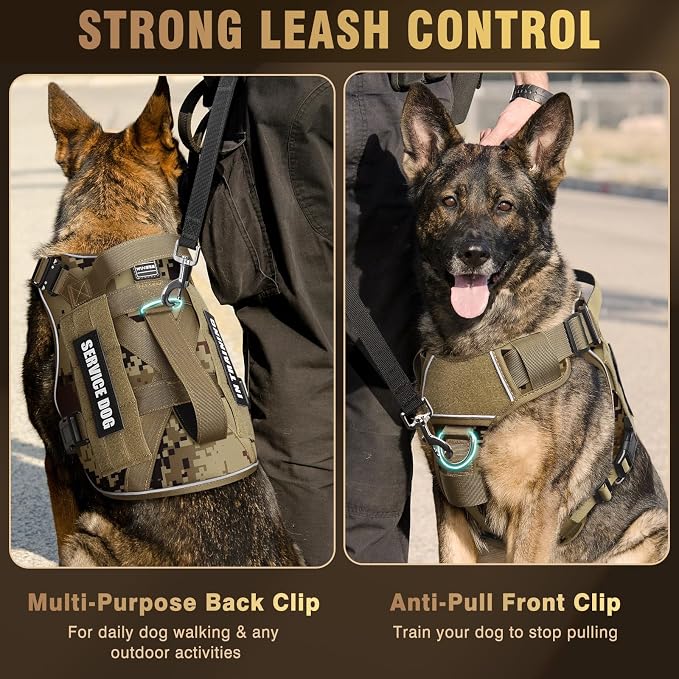 2X Metal Buckle Service Working MOLLE Dog Vest with 10 Pet Patches | Tactical Dog Harness for Large Dog, No-pull Military Working Vest for Training Hunting Walking，2x D Rings for Leash Clip