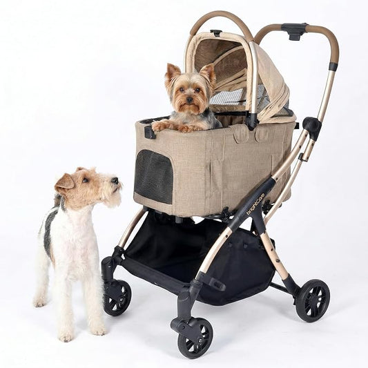 Auto-Folding Pet Stroller with Detachable Carrier, One-Hand Fold Frame & Carrier, Supports up to 33 lbs, Beige