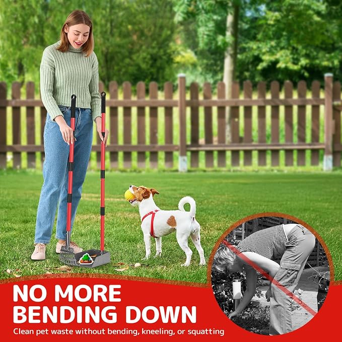 Pooper Scooper for Dogs, Sturdy Stainless Steel Dog Poop Scooper for Large Medium Small Dogs, Detachable Metal Rake & Tray Set for Yard, Grass, Dirt or Gravel (Red)