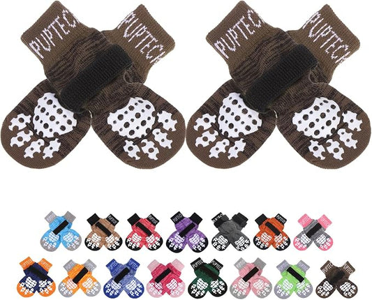 PUPTECK Anti-Slip Dog Socks with Double Sides Grips for Small Medium Large Dogs Hardwood Floors Prevents Licking, Dog Shoes for Hot Pavement Traction Control for Senior Dogs, Coffee Brown XL