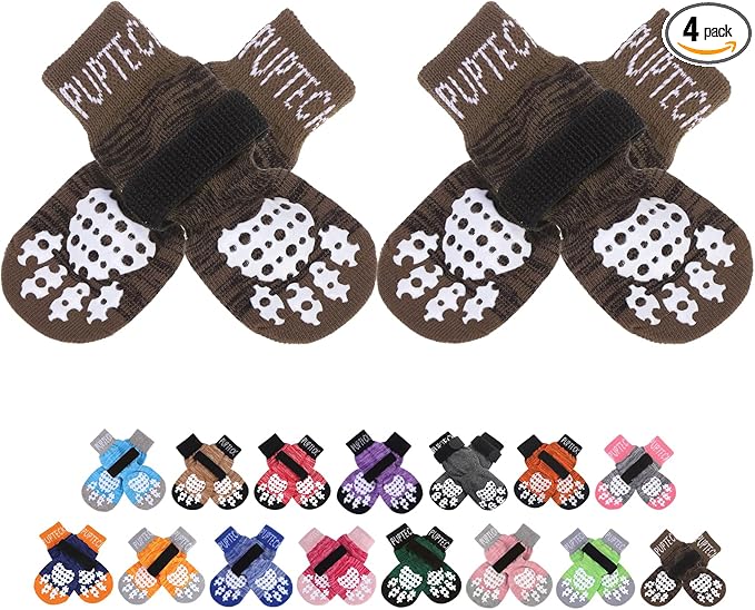 PUPTECK Anti-Slip Dog Socks with Double Sides Grips for Small Medium Large Dogs Hardwood Floors Prevents Licking, Dog Shoes for Hot Pavement Traction Control for Senior Dogs, Coffee Brown XS