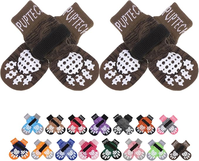 PUPTECK Anti-Slip Dog Socks with Double Sides Grips for Small Medium Large Dogs Hardwood Floors Prevents Licking, Dog Shoes for Hot Pavement Traction Control for Senior Dogs, Coffee Brown L