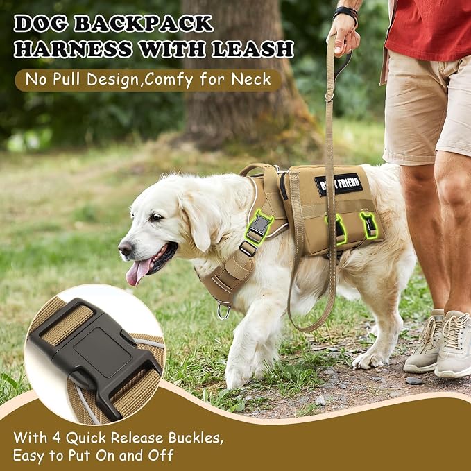 Dog Backpack Harness and Leash Set for Large Dogs Brown XL | Removable Side Pockets Dog Vest with Padded Handle&MOLLE,No Pull Front&Back Metal Clips for Hiking Training Walking Hunting