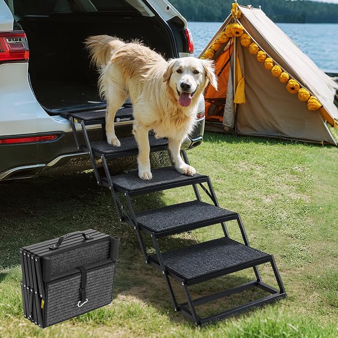 Veehoo Foldable Dog Steps for Car Truck SUV, Collapsible Large Dogs Stairs | 5 Steps Folding Dog Ramp for Cars Portable Pet Ramps Ladder Heavy Duty Non Slip for Trucks Vehicle 17" Wide, Up to 200lbs