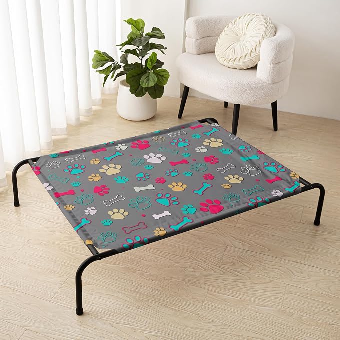 QOOMO Elevated Dog Bed with Cooling Fabric, Pet Cot for Small and Big Dogs, Indoor and Outdoor Use, Joint Relief, Cute Printed Cushion Included (Colored Paw Prints, 35.43" L*25.59" W*8.27" Th)