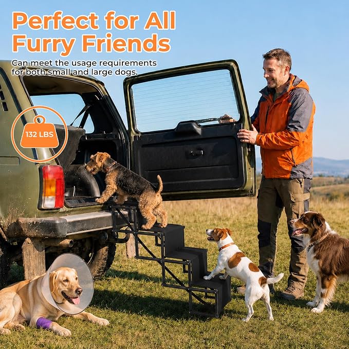 Dog Stairs for Large Dogs,4-Step Foldable Dog Ramp for Car with Non-Slip Surface & Oxford Fabric,Portable & Lightweight Pet Stairs for SUV,Truck,Bed & Couch,Supports up to 132 lbs (Black)
