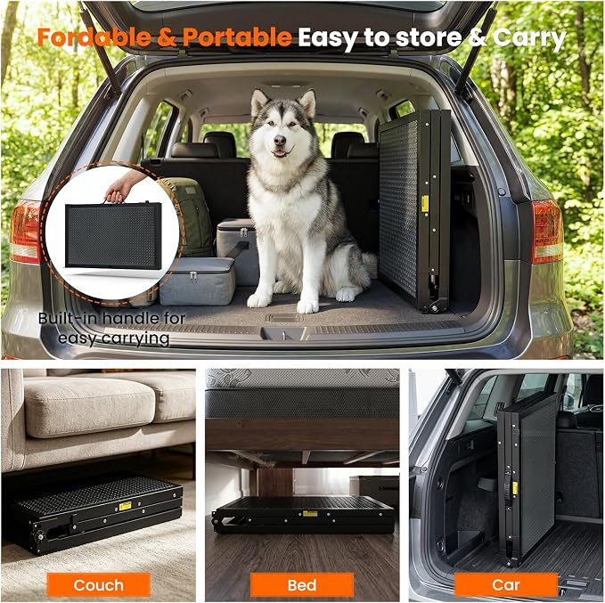 Dog Ramp for Bed,Couch,Car, 5-Level Adjustable Foldable Pet Ramp | With Non-Slip Rubber Surface & Safety Side Rail, Adjustable Height 16"-23.6", For Small & Medium Dogs, Supports Up to 200 lbs