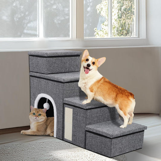 Dog Stairs for Bed and Couch 23“H, Foldable Dog Stairs for Small Older Dogs, 4 in 1 Adjustable Pet Cat Steps Ramps with Storage, Condo, Cat Scratcher, Hold Up to 180LBS, 4 Steps