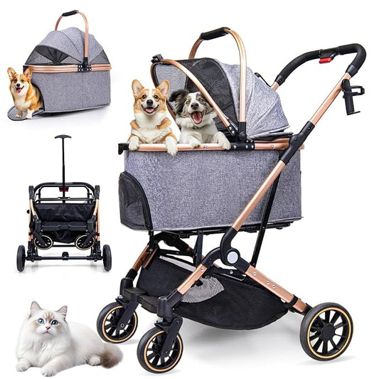 Dog Stroller for Max 45 lbs Dogs - 3 in 1 Pet Stroller with Detachable Storage Basket 4 All-Terrain Rubber Wheels Pull Rod Durable Travel Carrier for Medium Dogs 2 Small Cats (Grey)