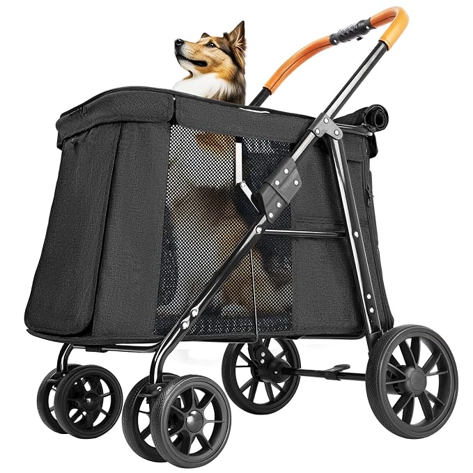 Pet Stroller for Large & Medium Dogs up to 70 lbs, 4-Wheel Extra Large Dog Stroller with 3-Way Entry & Sunshade, Heavy Duty Puppy Wagon with One-Click Folding, All-Terrain & Ventilated, Black